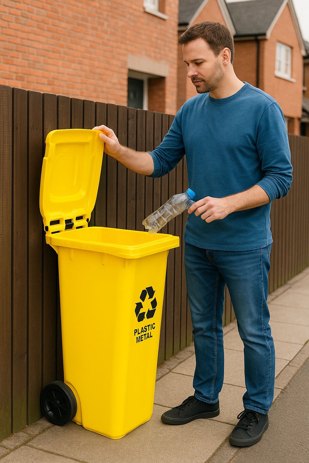 120L Yellow HDPE Waste Bin with Rubber Wheels