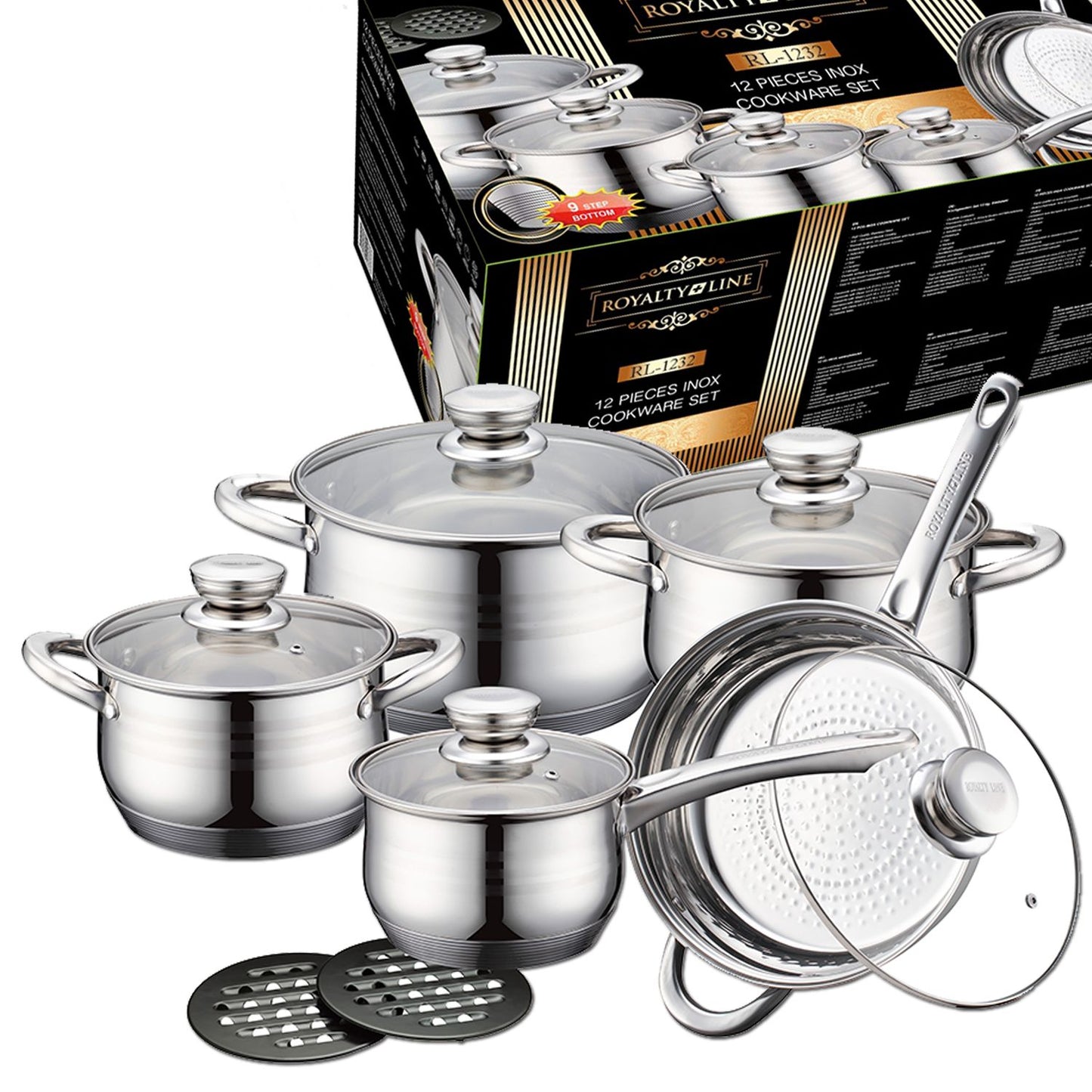 12-Piece Stainless Steel Cookware Set with Glass Lids