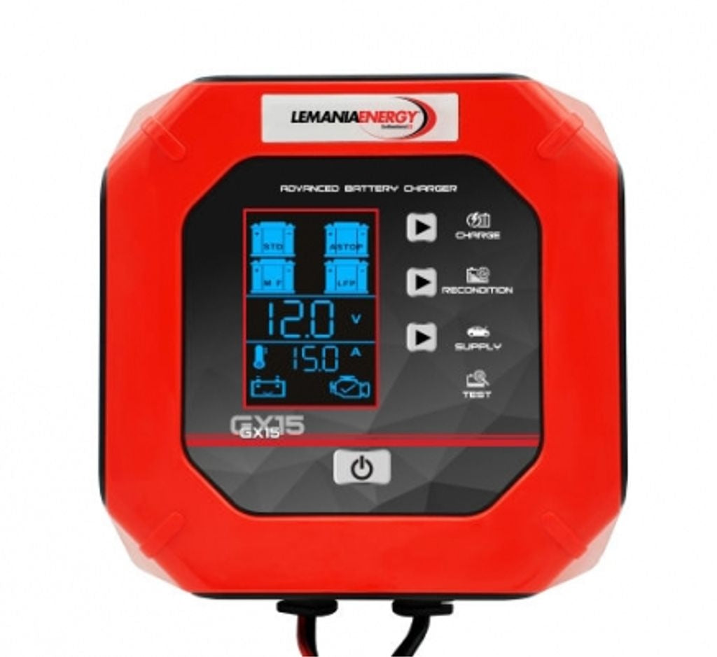 12V / 24V Lemania GX15 charger 15A 24-300Ah (WET, AGM, EFB, VRLA, 12.8 V LiFePO4 lithium)
