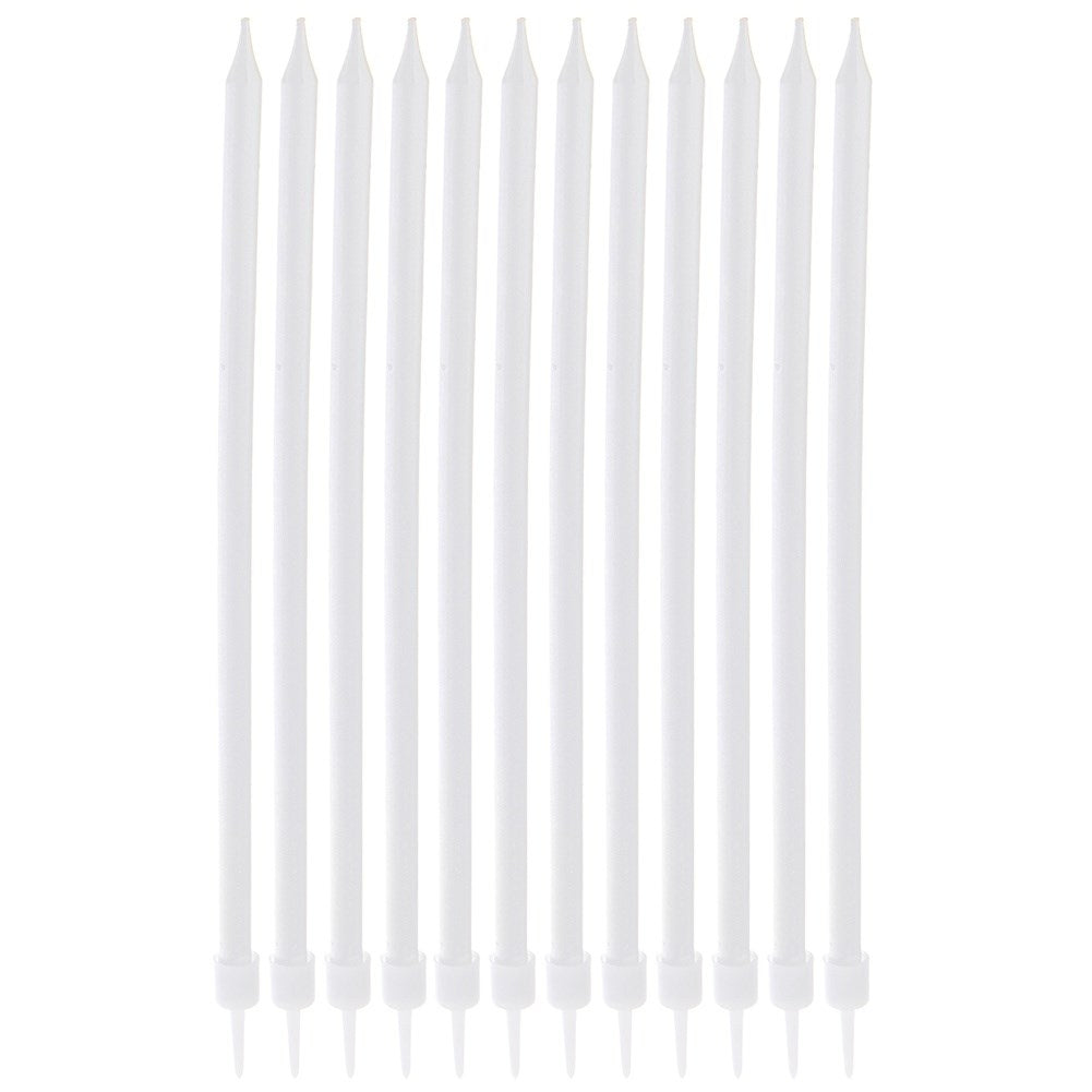 12 long white cake candles with holders, 14.5 cm