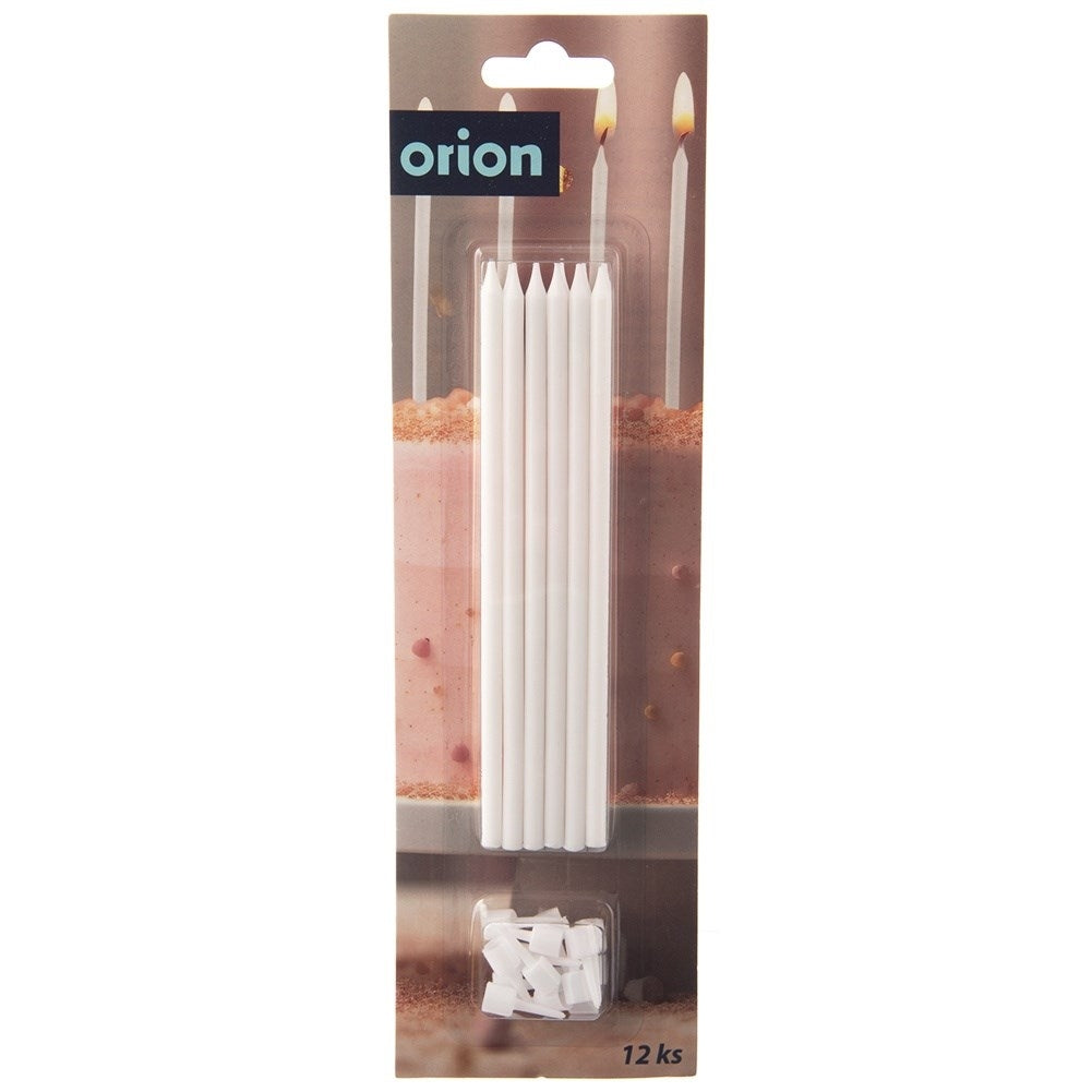 12 long white cake candles with holders, 14.5 cm