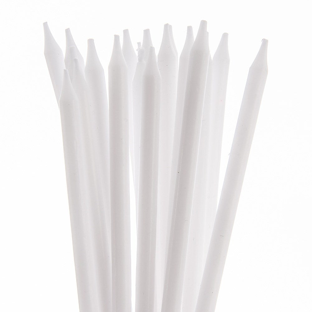 12 long white cake candles with holders, 14.5 cm