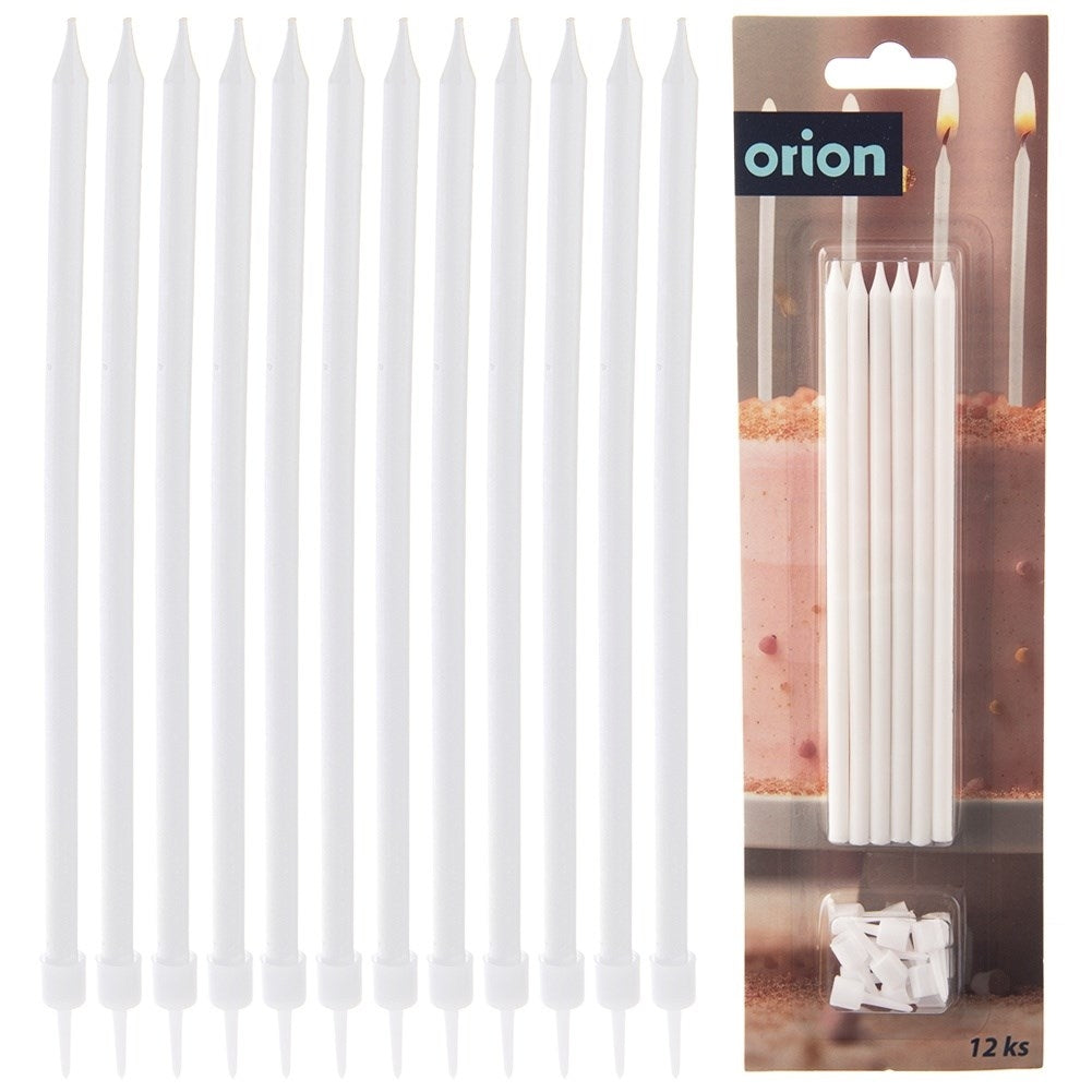 12 long white cake candles with holders, 14.5 cm