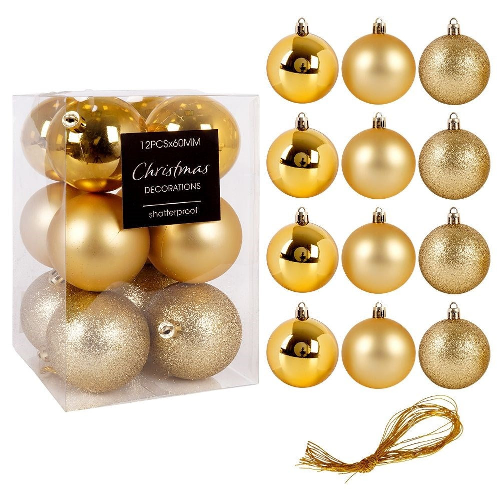 12 unbreakable Christmas baubles: glittery, matte & shiny gold