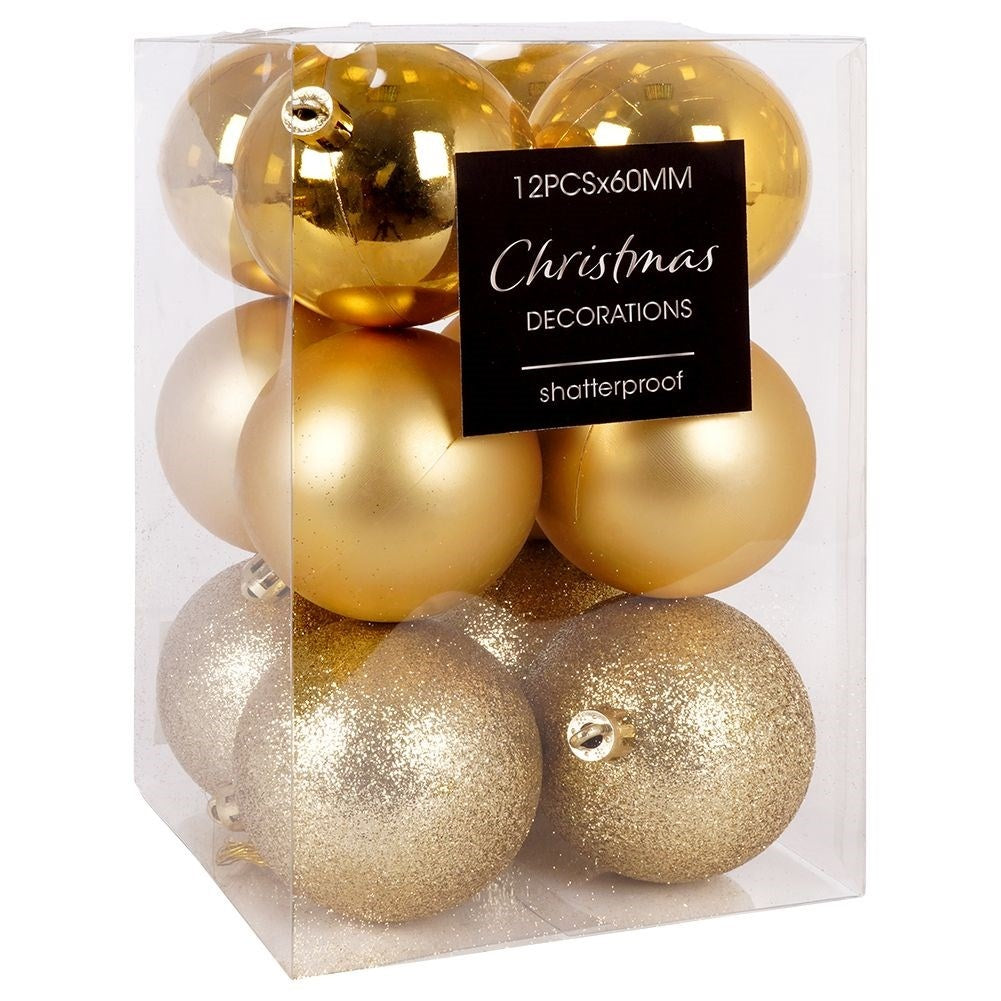 12 unbreakable Christmas baubles: glittery, matte & shiny gold