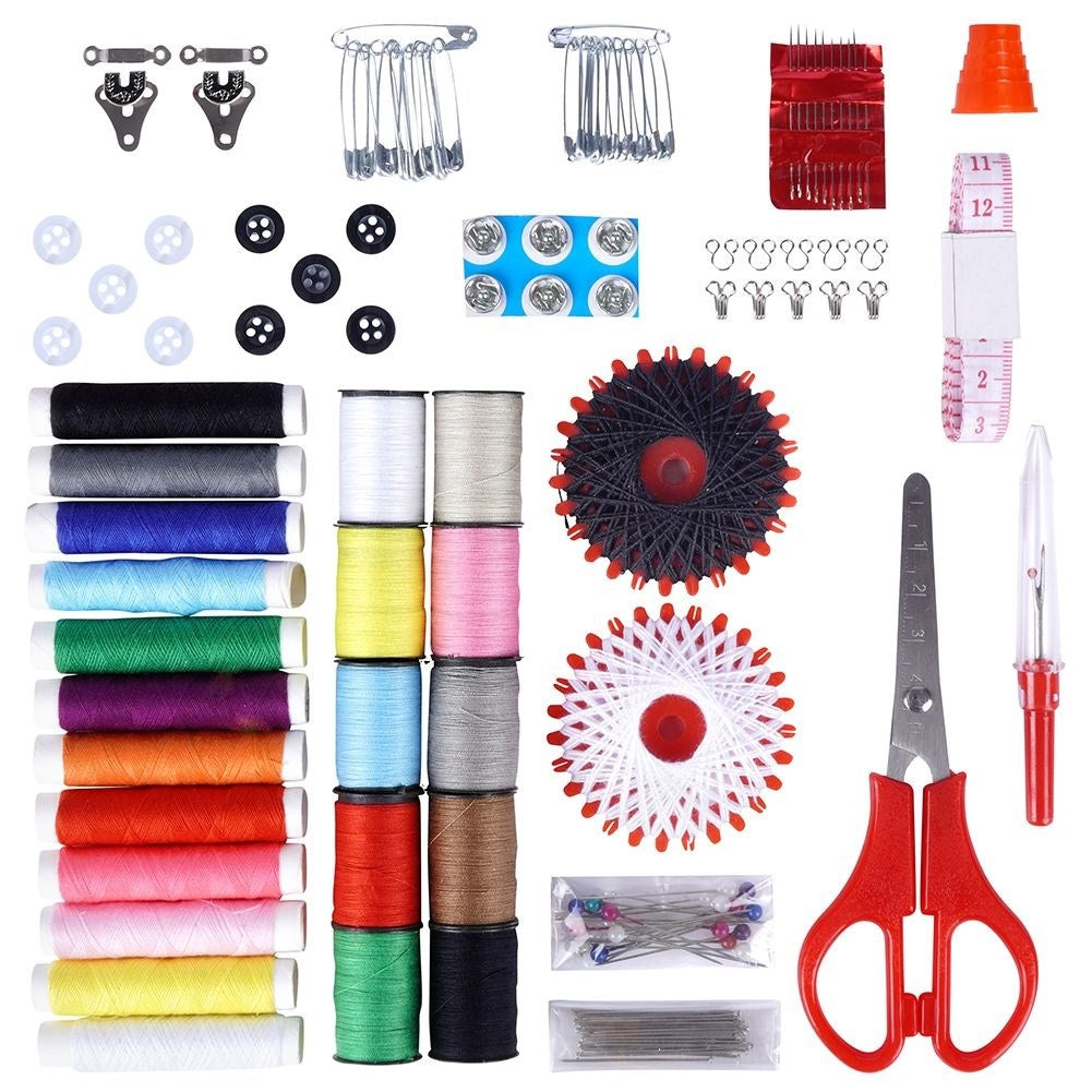 139-piece sewing kit: Thread, needles, scissors, buttons, measuring tape