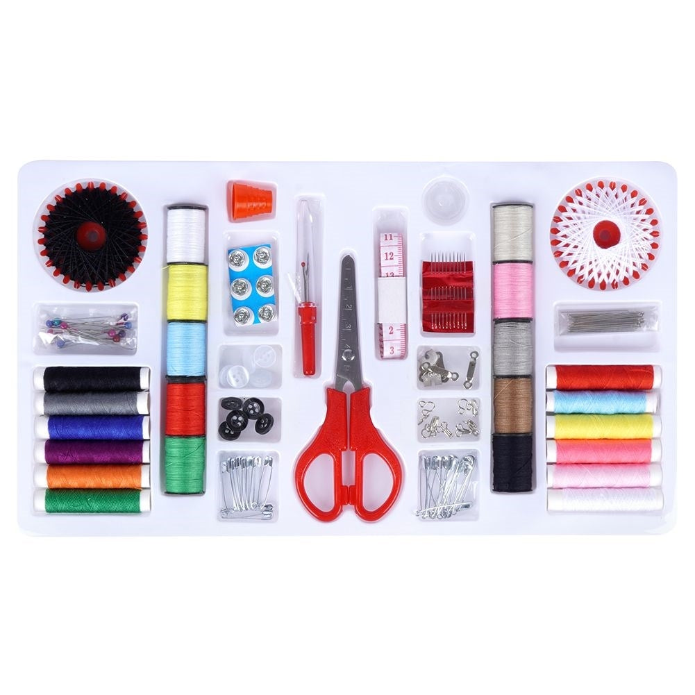 139-piece sewing kit: Thread, needles, scissors, buttons, measuring tape