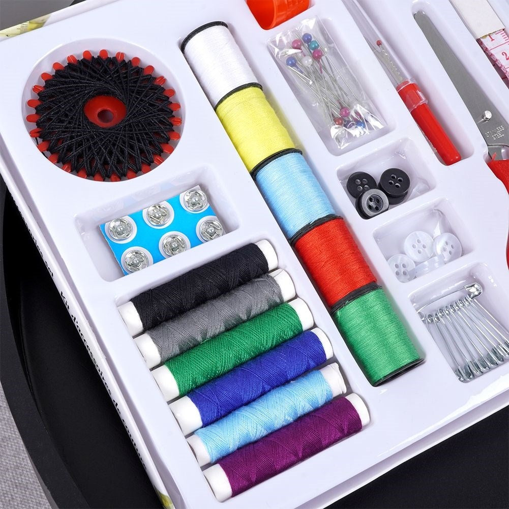 139-piece sewing kit: Thread, needles, scissors, buttons, measuring tape