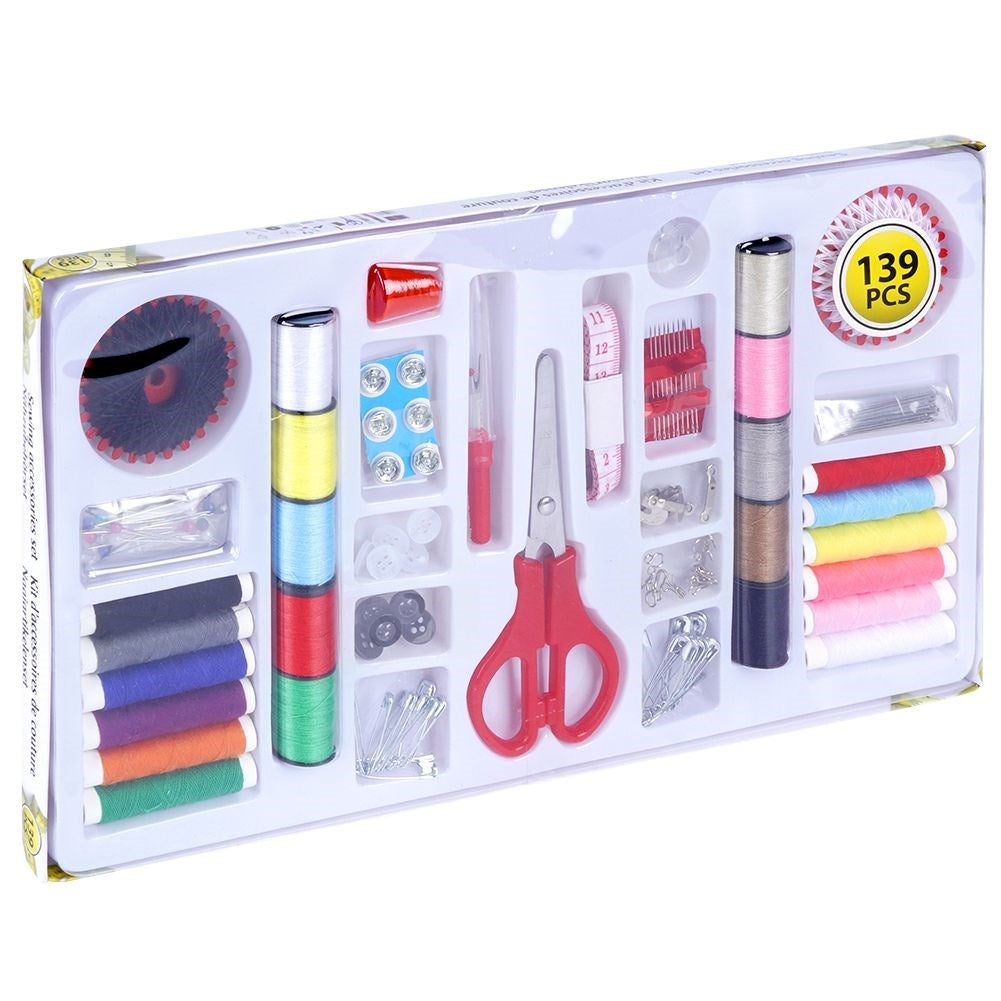 139-piece sewing kit: Thread, needles, scissors, buttons, measuring tape
