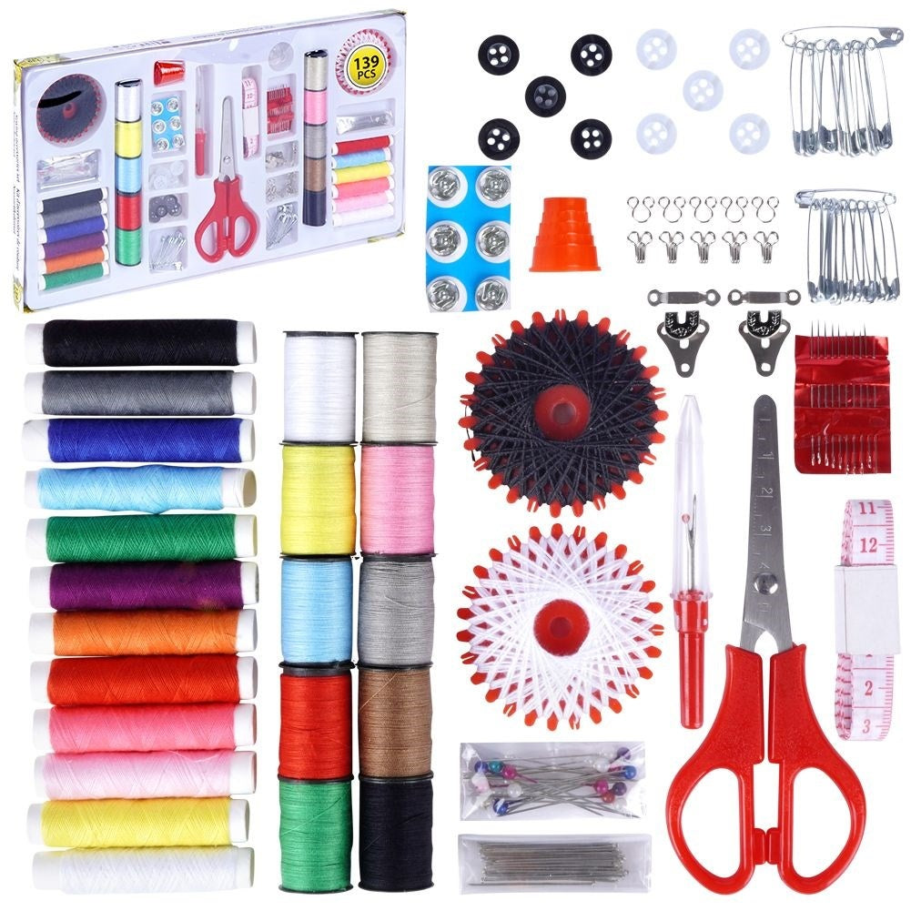 139-piece sewing kit: Thread, needles, scissors, buttons, measuring tape