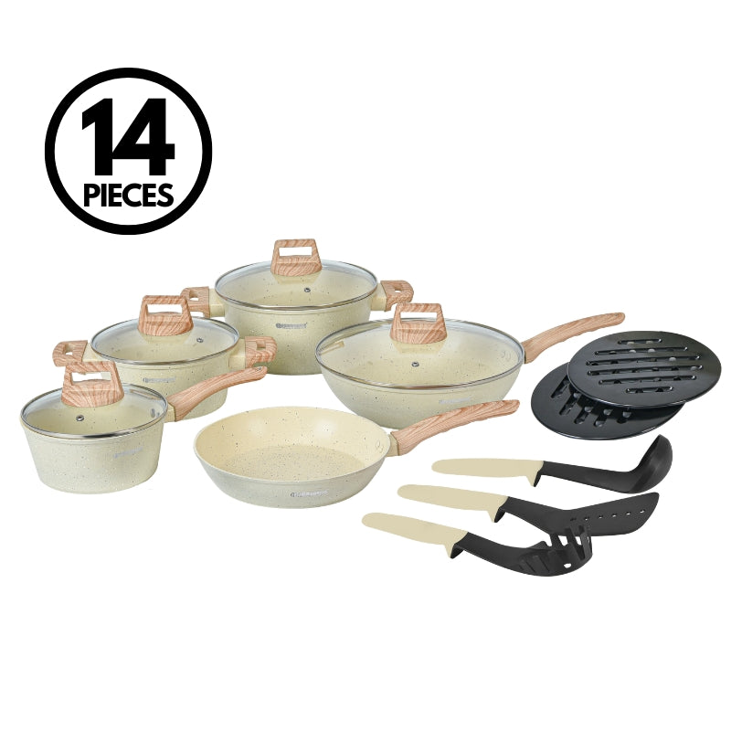 14-Piece Granite Non-Stick Cookware Set with Wood Handles