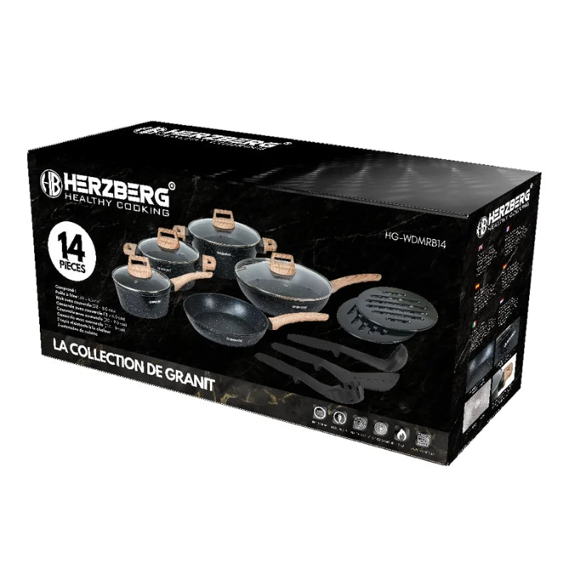 14-Piece Granite Non-Stick Cookware Set with Wood Handles