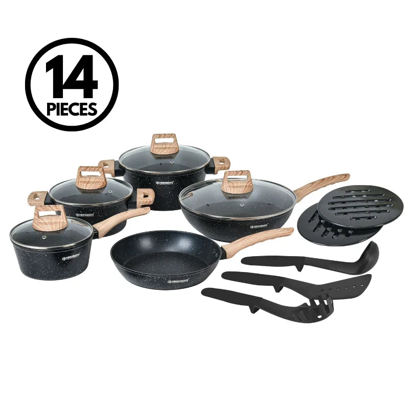 14-Piece Granite Non-Stick Cookware Set with Wood Handles