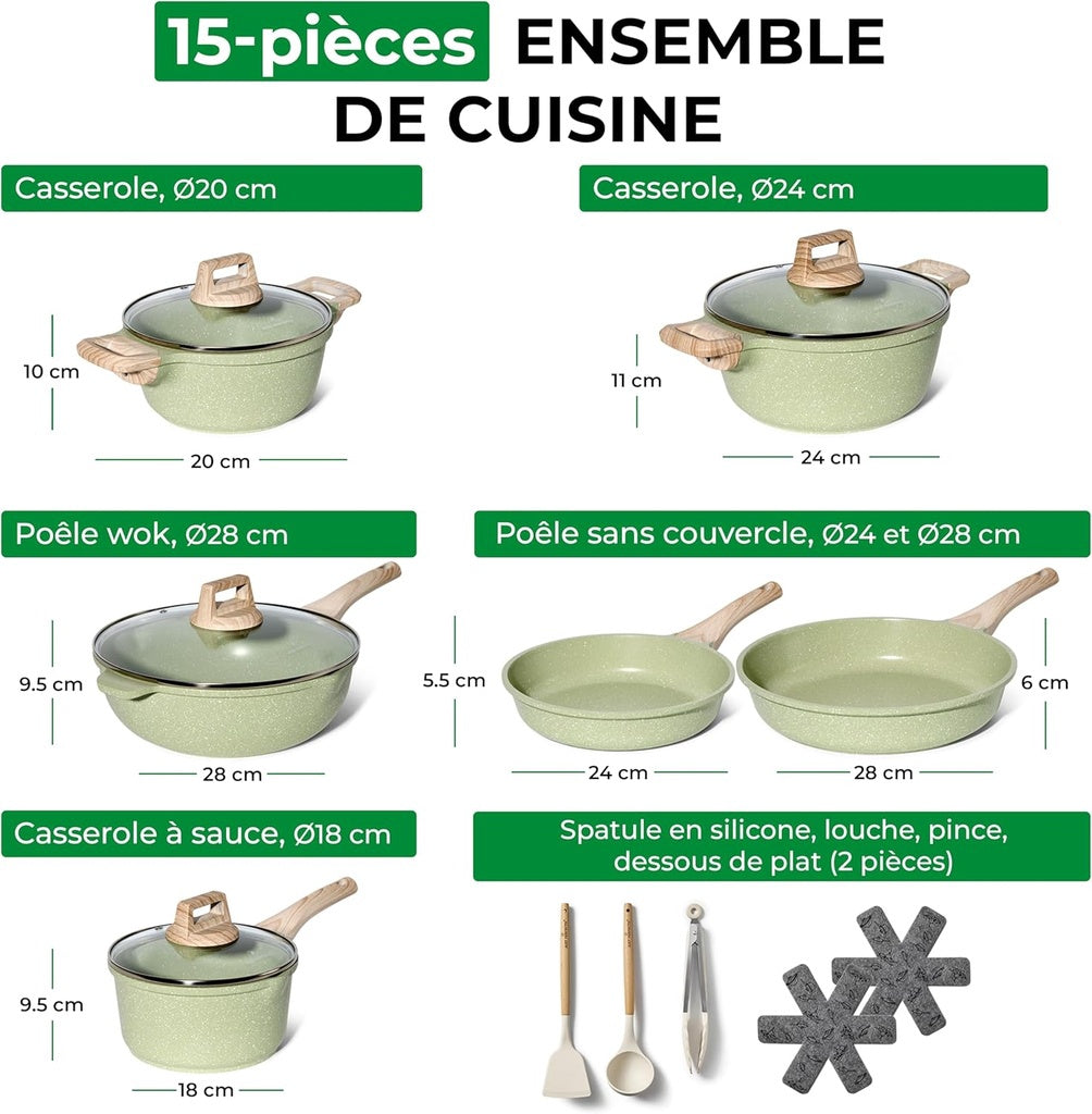 15-Piece Granite Cookware Set, Non-Stick, Green