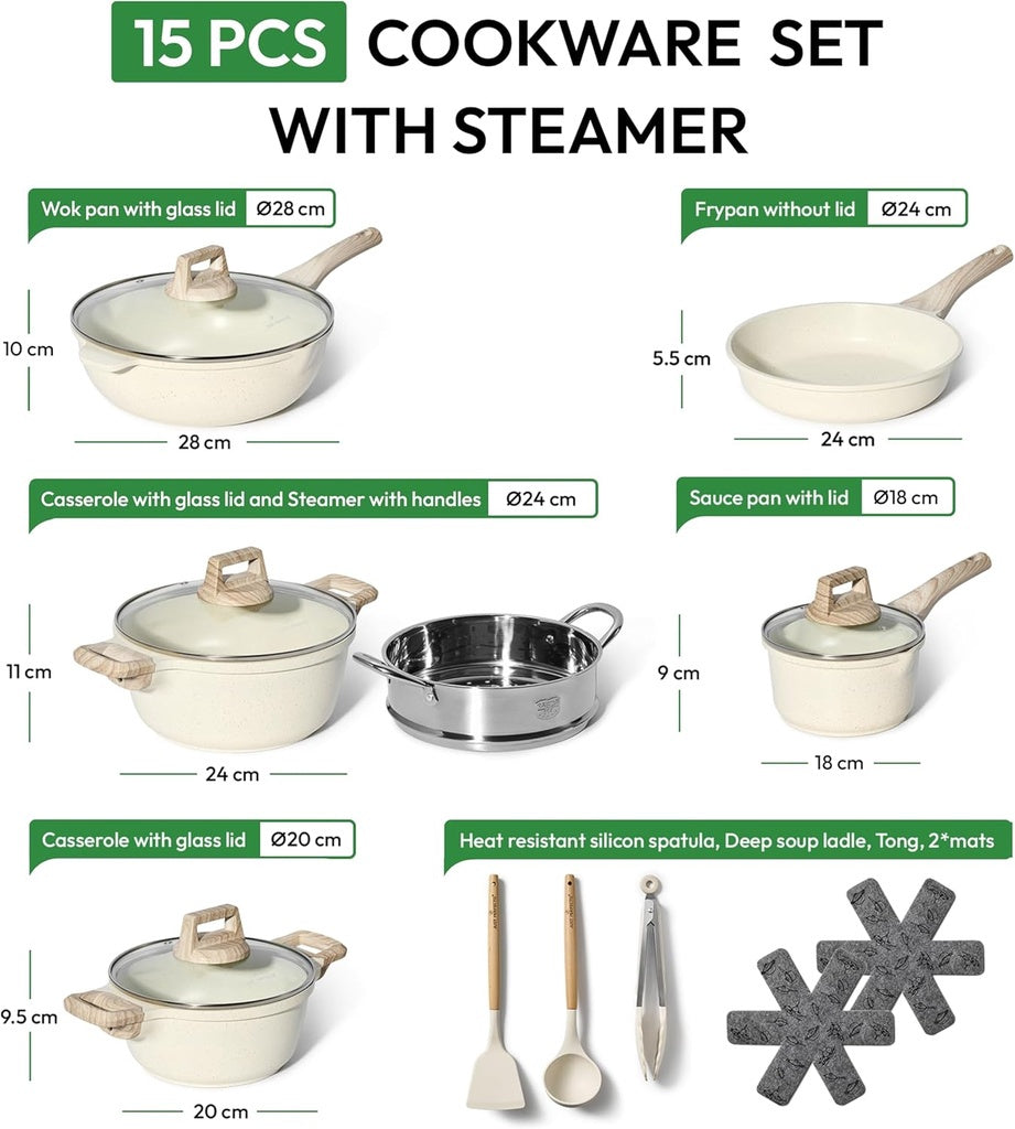 15-Piece Granite Cookware Set with Steamer, Non-Stick