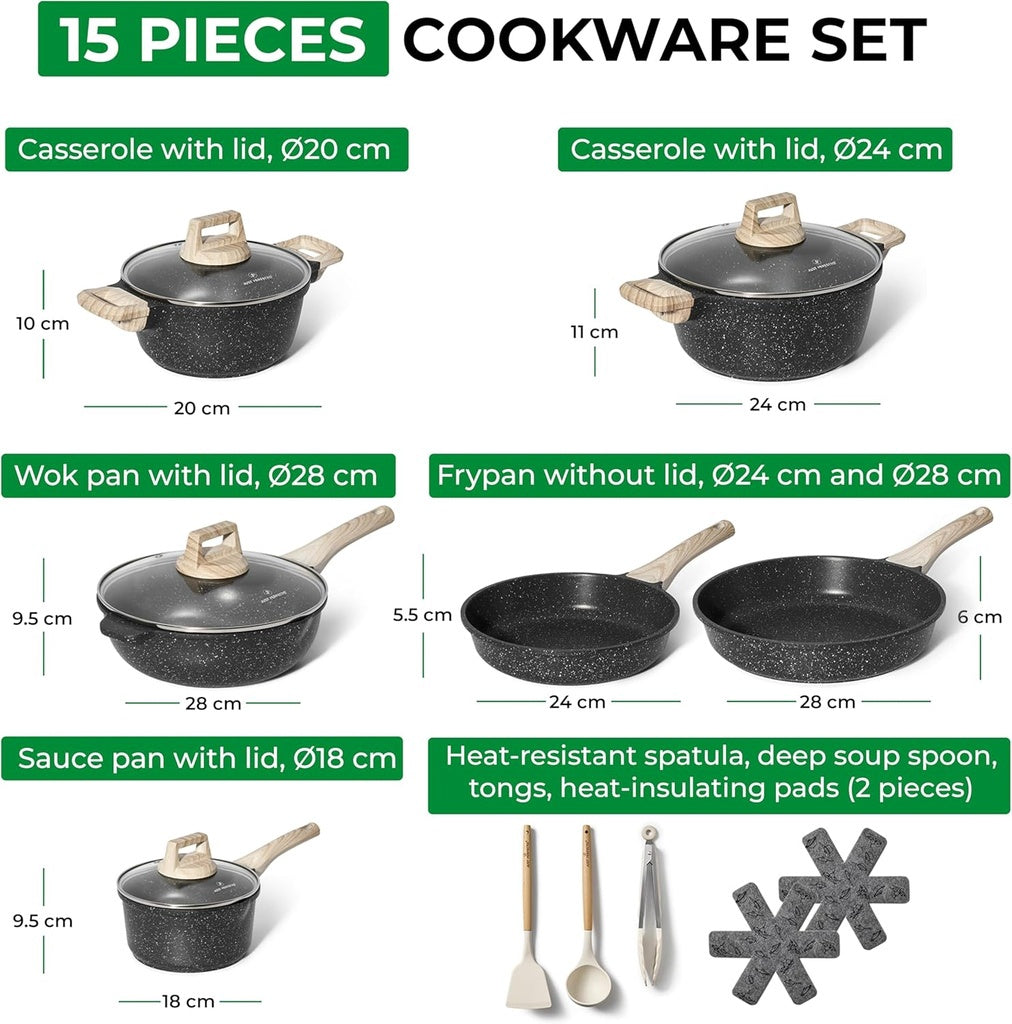 15-Piece Granite Non-Stick Cookware Set – Black
