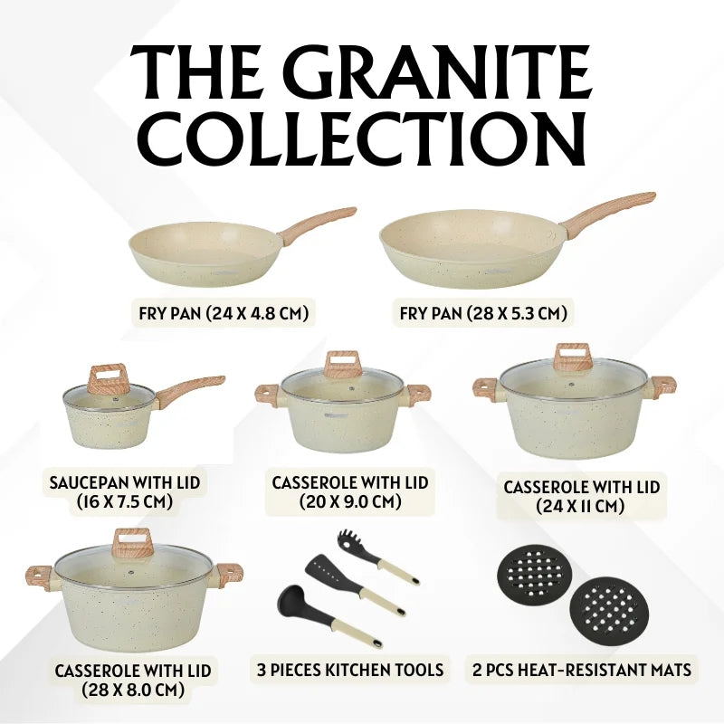 15-Piece Granite Non-Stick Cookware Set, Wood Handles