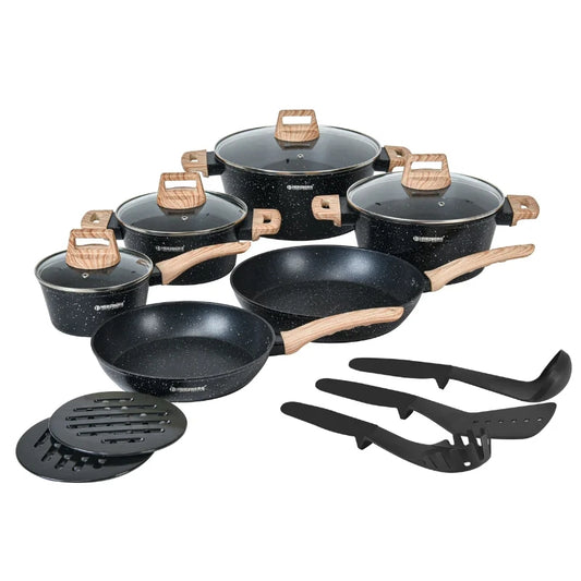 15-Piece Granite Non-Stick Cookware Set, Wood Handles