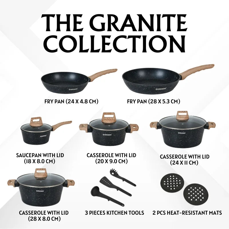 15-Piece Granite Non-Stick Cookware Set, Wood Handles