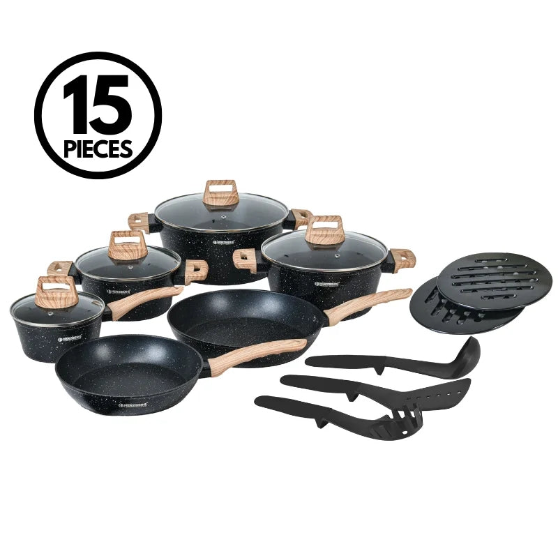 15-Piece Granite Non-Stick Cookware Set, Wood Handles