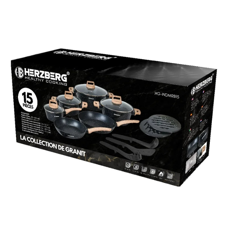 15-Piece Granite Non-Stick Cookware Set, Wood Handles