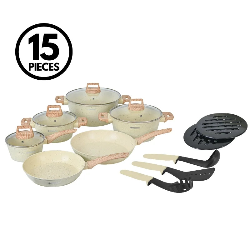 15-Piece Granite Non-Stick Cookware Set, Wood Handles
