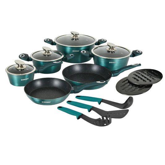 15-Piece Marble Coated Cookware Set, Blue, Induction-Ready
