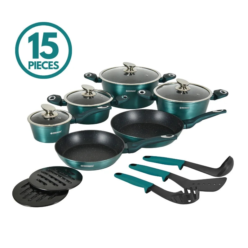 15-Piece Marble Coated Cookware Set, Blue, Induction-Ready