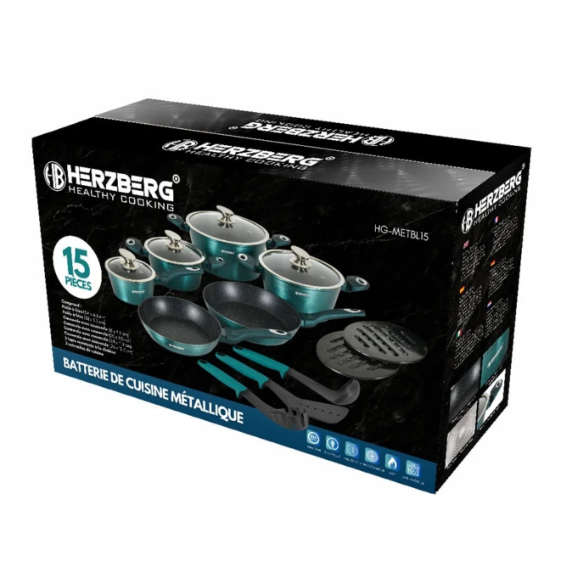 15-Piece Marble Coated Cookware Set, Blue, Induction-Ready