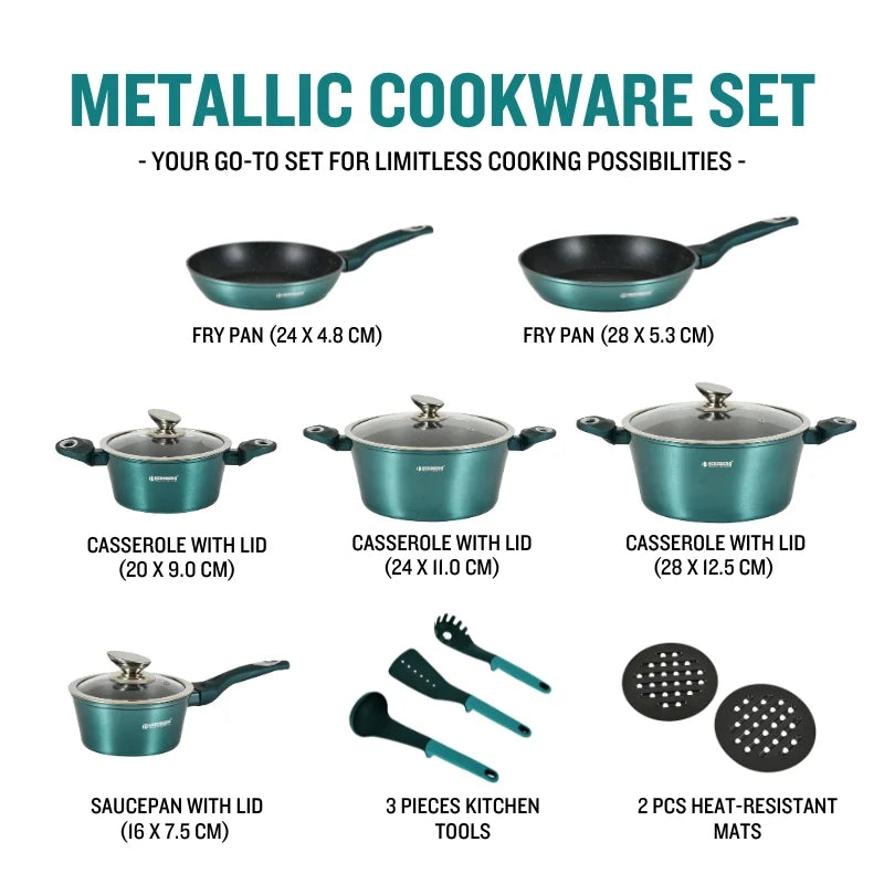 15-Piece Marble Coated Cookware Set, Blue, Induction-Ready