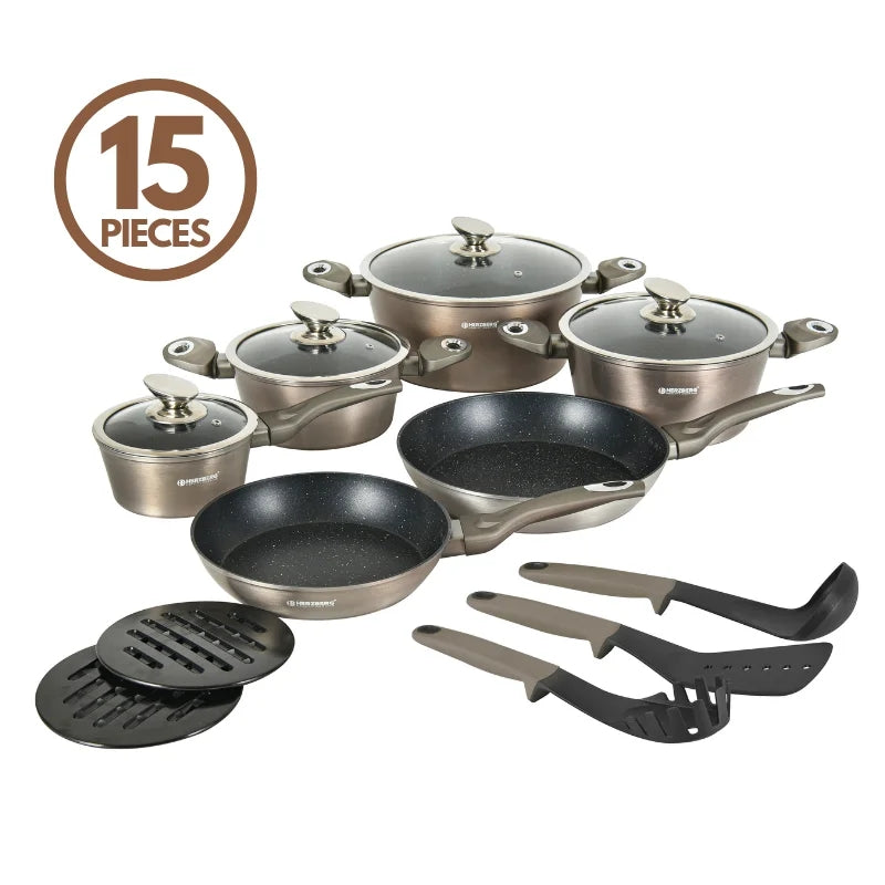 15-Piece Marble Coated Cookware Set, Non-Stick, Induction