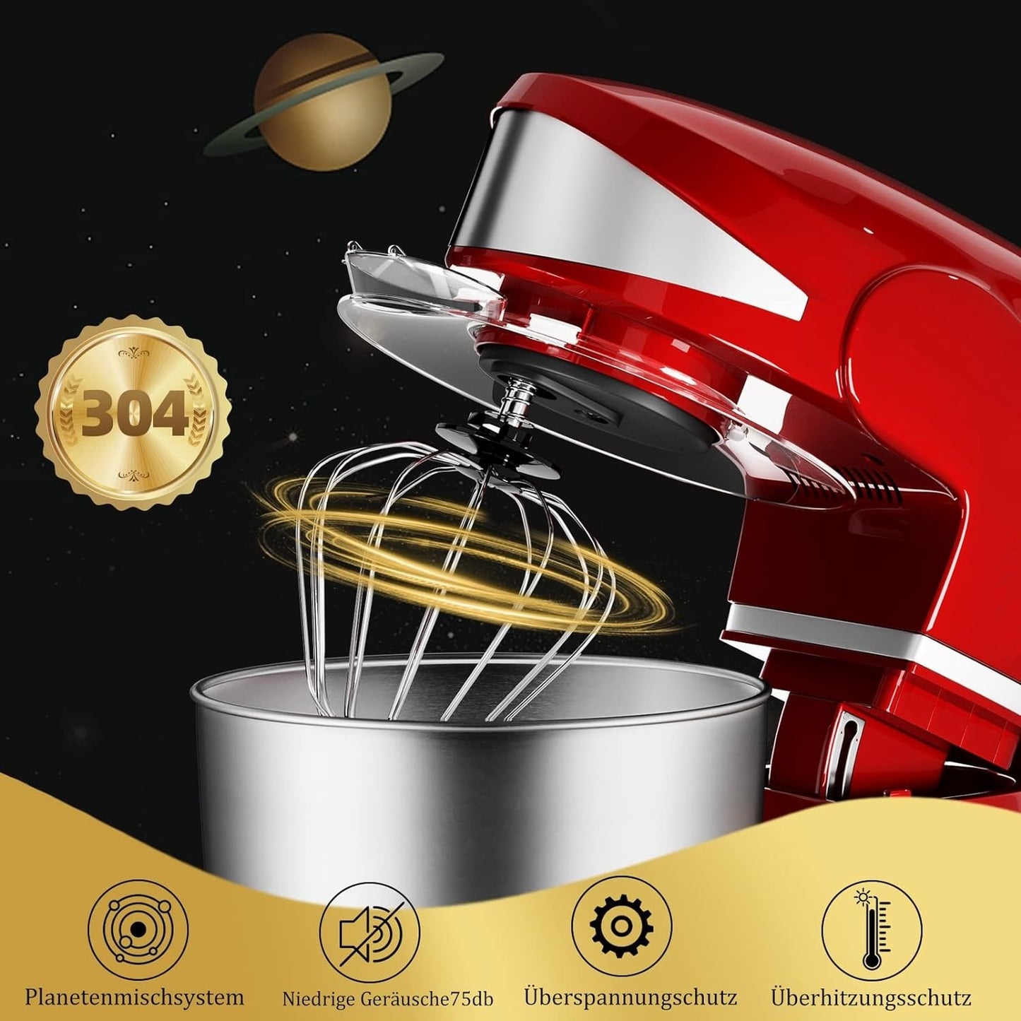 1600W 6-Speed 6L Stainless Steel Stand Mixer, Red