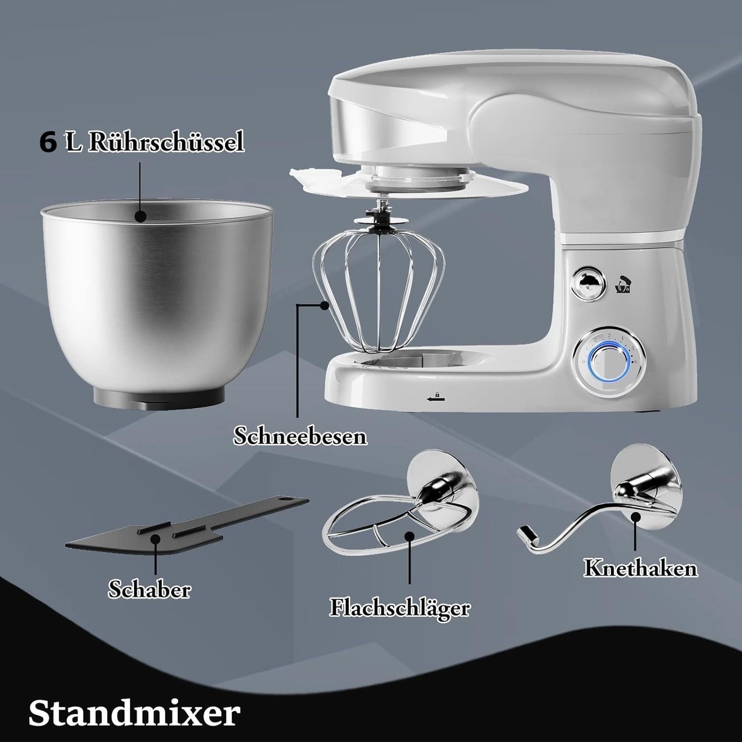 1600W 6-Speed Stainless Steel Stand Mixer, 6L