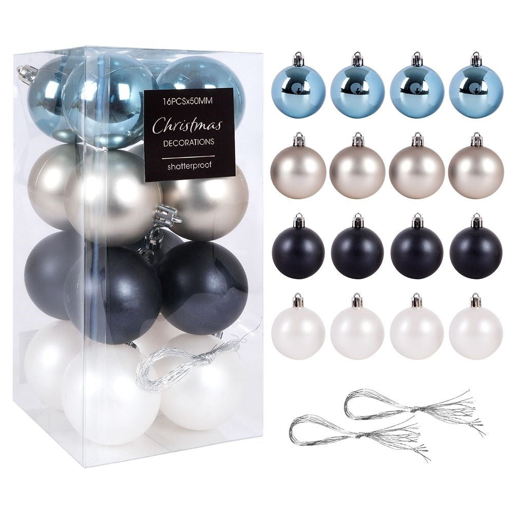 16 unbreakable Christmas tree balls: blue, silver, white, navy blue