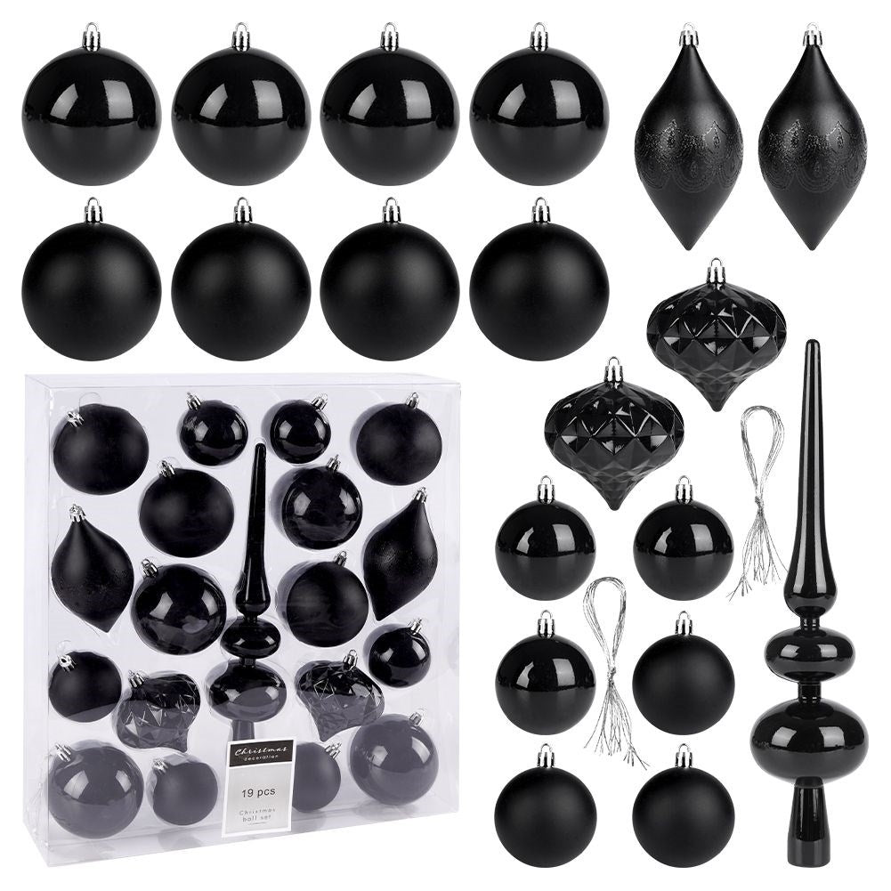 19-piece unbreakable black Christmas tree balls, matte and shiny