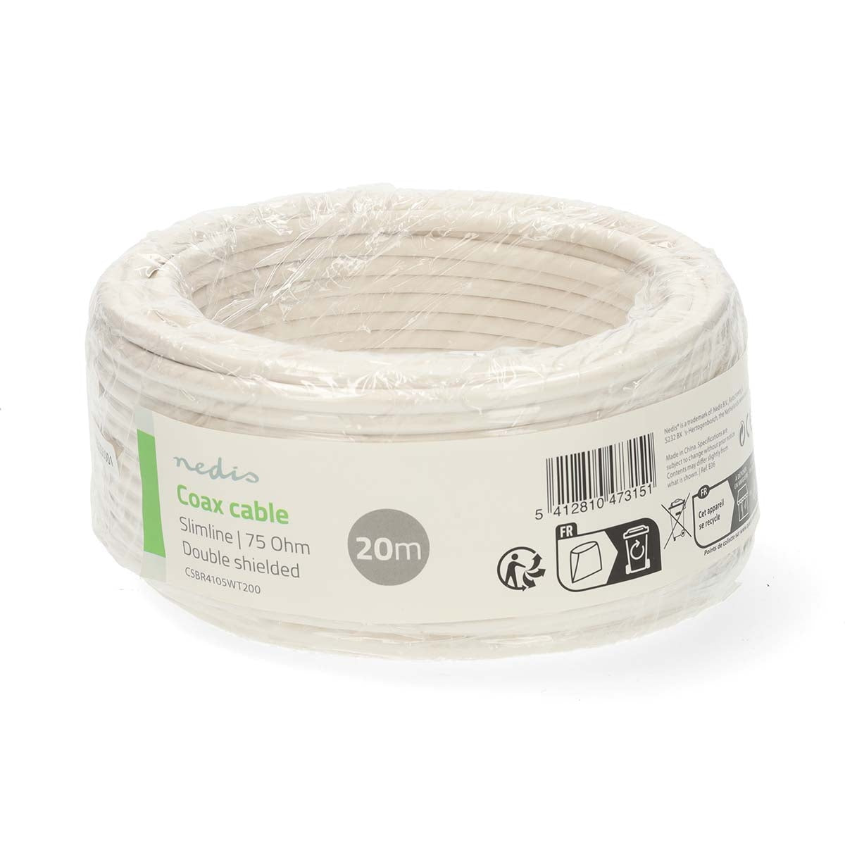 20m Double Shielded Coax Cable, PVC, White