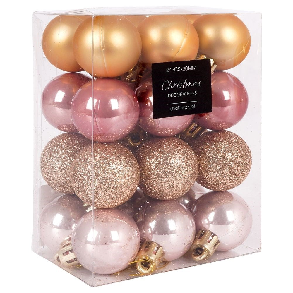 24 Unbreakable Christmas Baubles in Gold and Pink