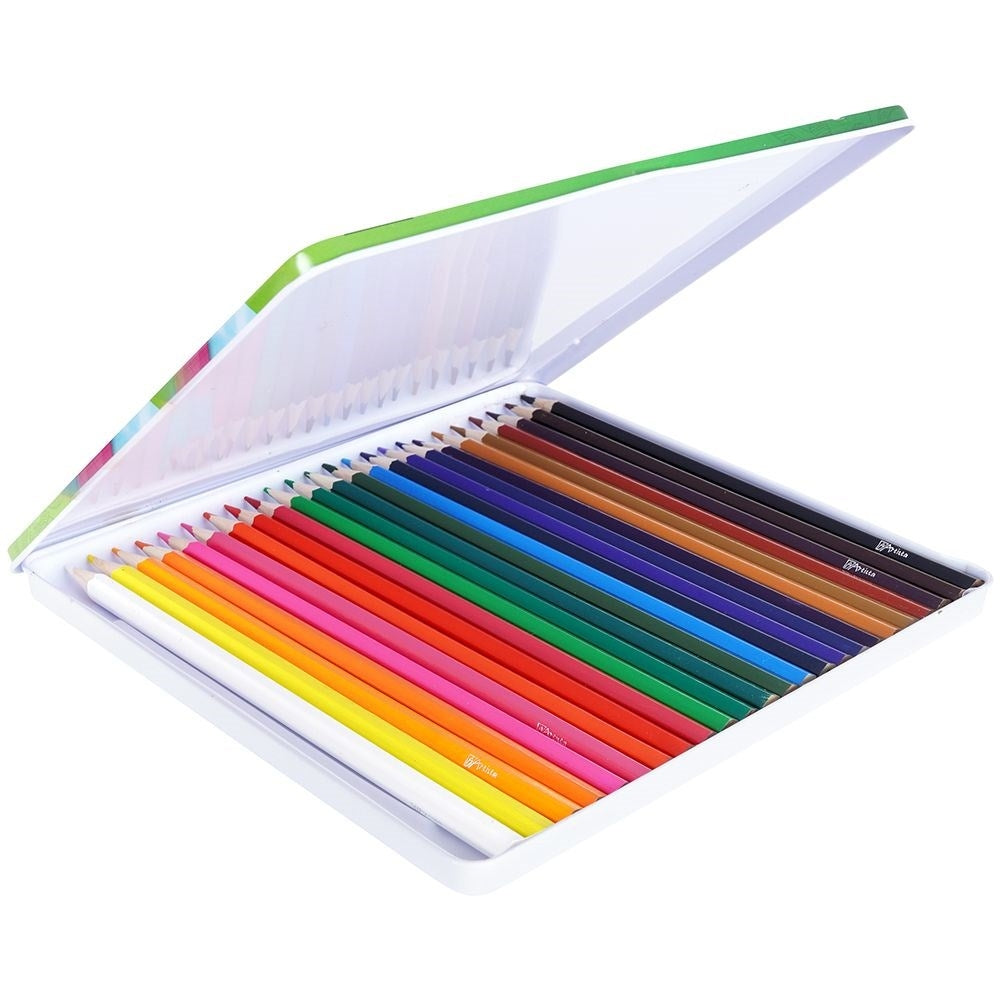 24 colored pencils in a metal box with intense colors