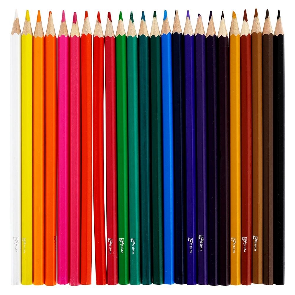 24 intense colored pencils in a metal case with a pencil sharpener