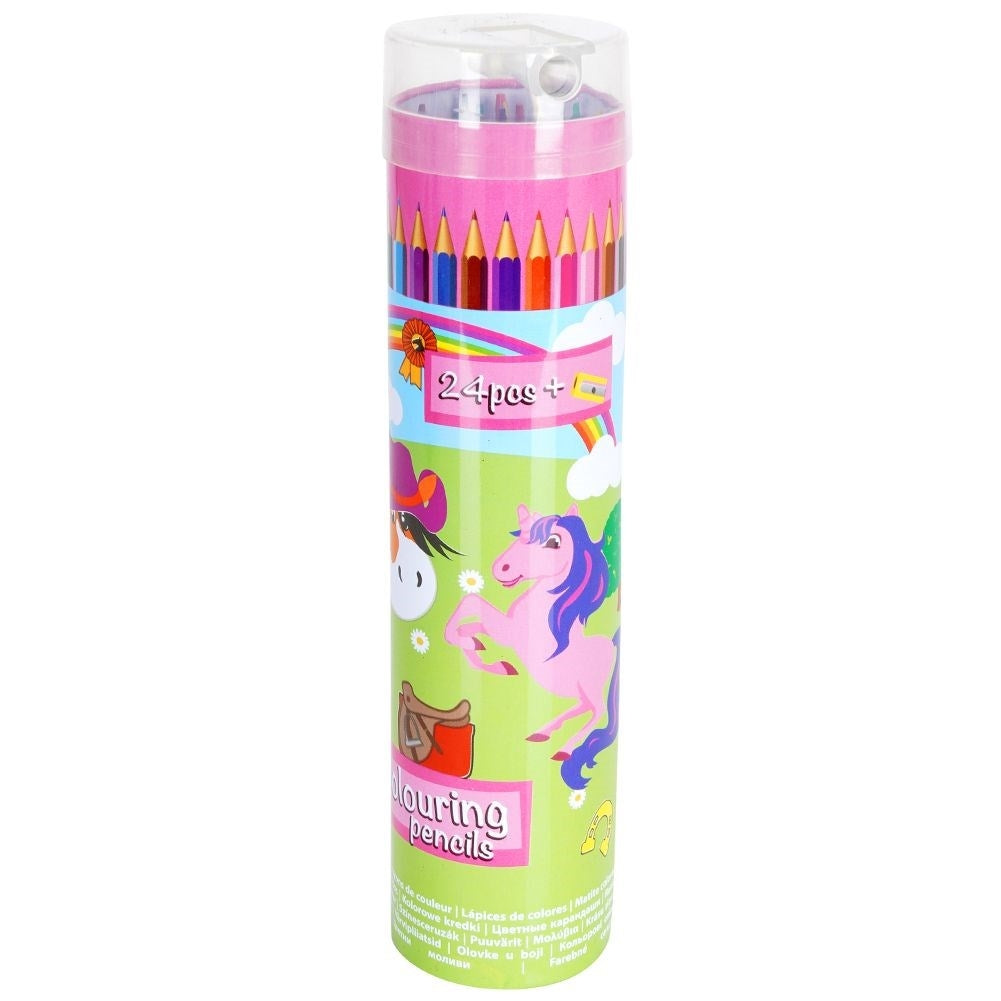 24 intense colored pencils in a metal case with a pencil sharpener