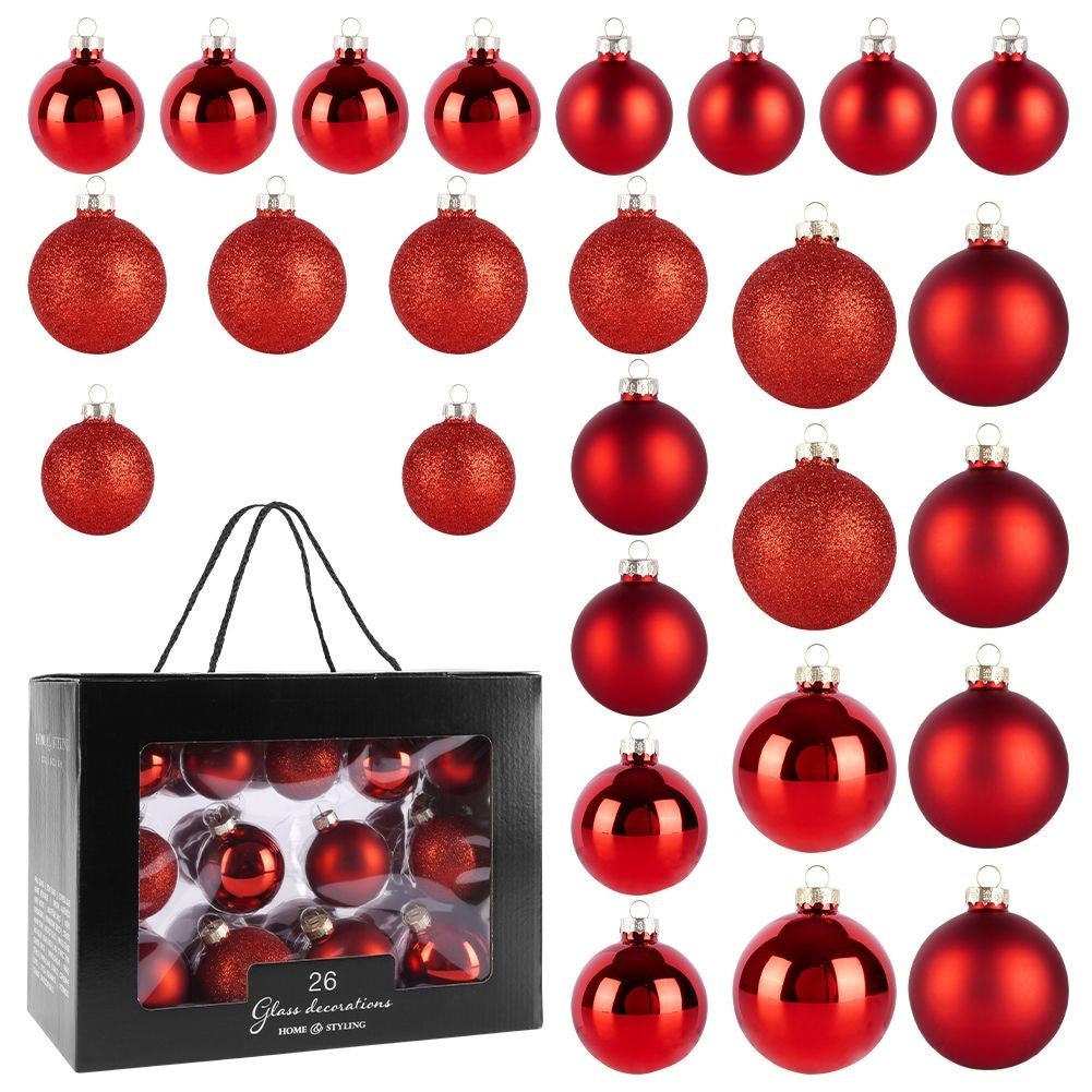 26 decorative Christmas tree balls in red glass - matt, glittery, shiny