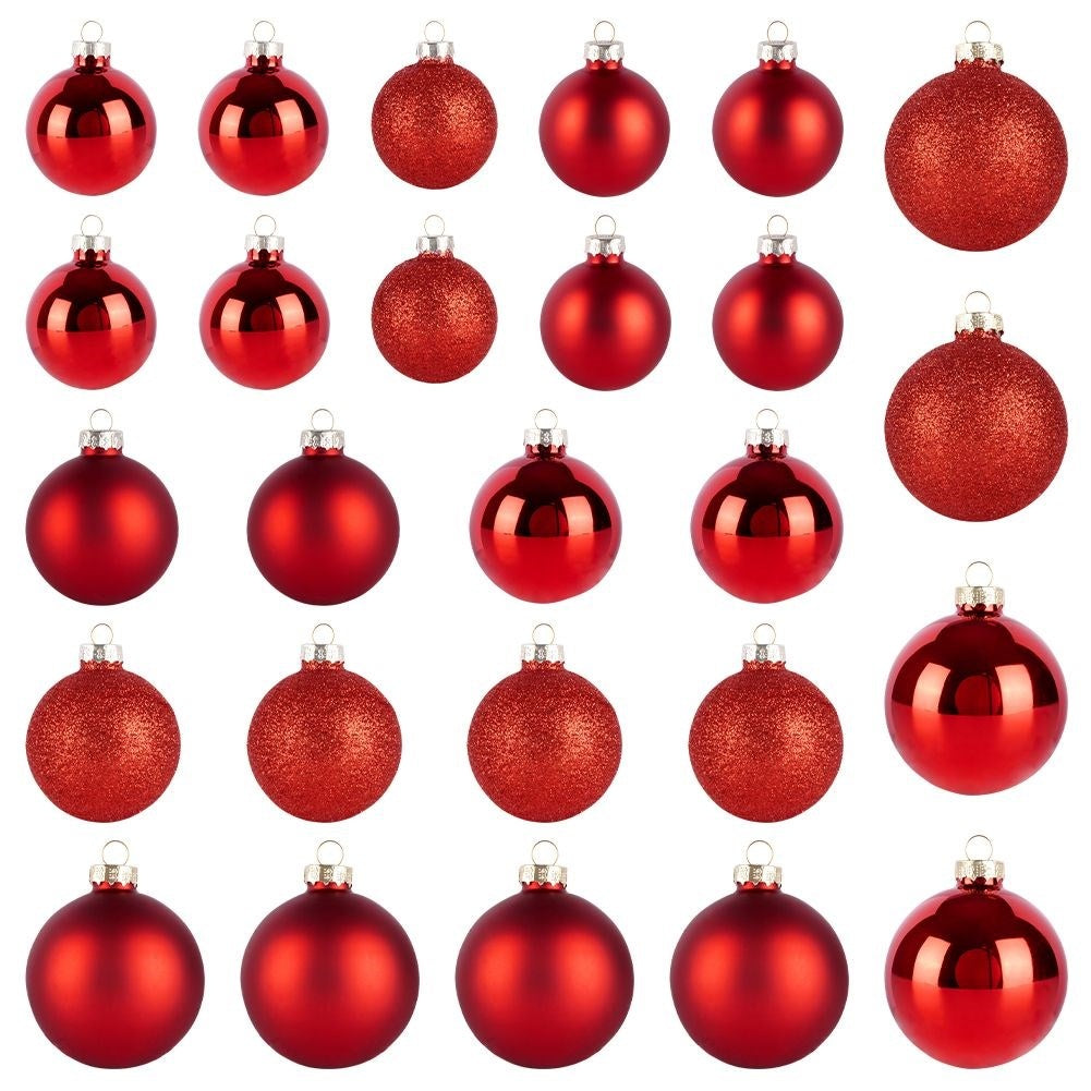 26 decorative Christmas tree balls in red glass - matt, glittery, shiny