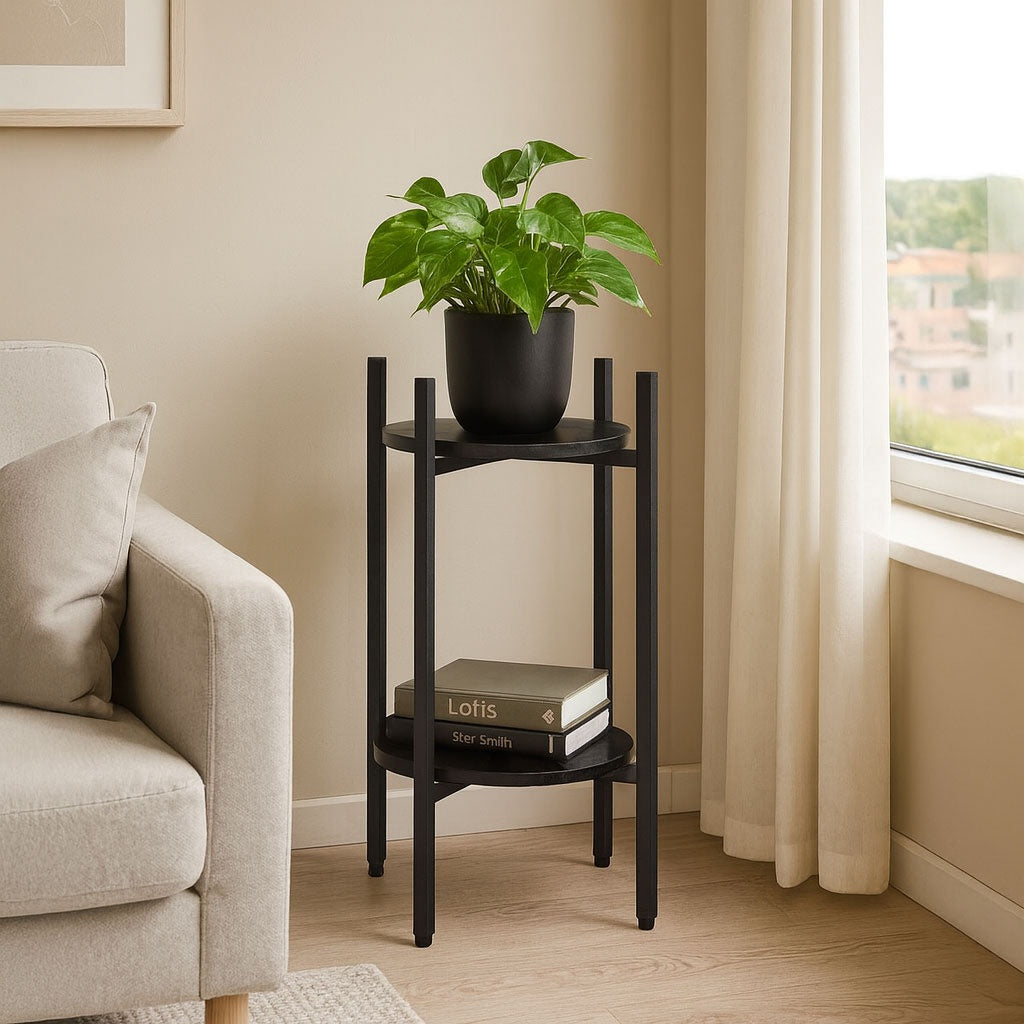 2-Tier Black Steel Plant Stand – Modern Design, 5 kg Load