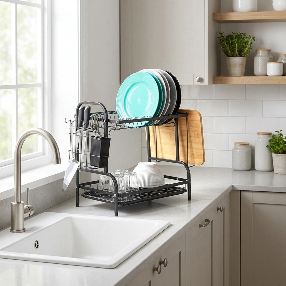 2-Tier Metal Dish Rack, Black, 52x24.5x40 cm
