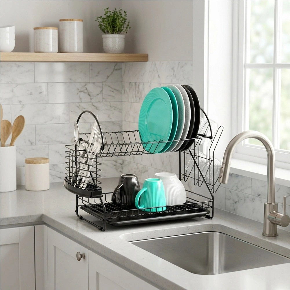2-Tier Metal Dish Rack, Black, 53x24x38.5 cm