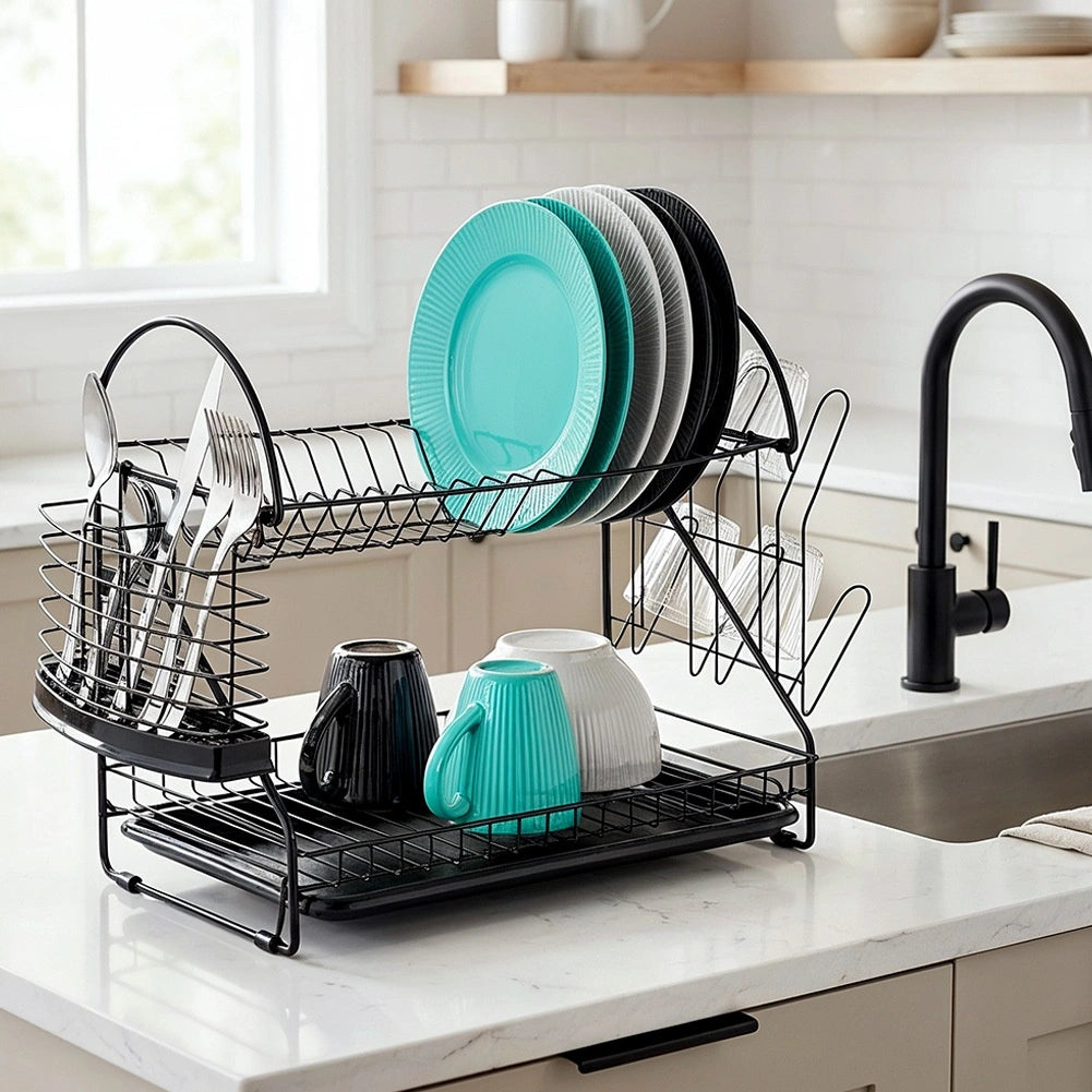 2-Tier Metal Dish Rack, Black, 53x24x38.5 cm