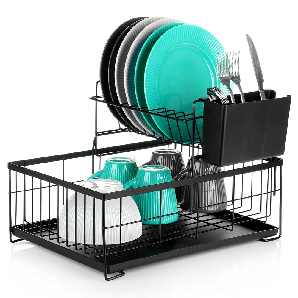 2-Tier Metal Dish Rack with Cutlery Drainer, Black