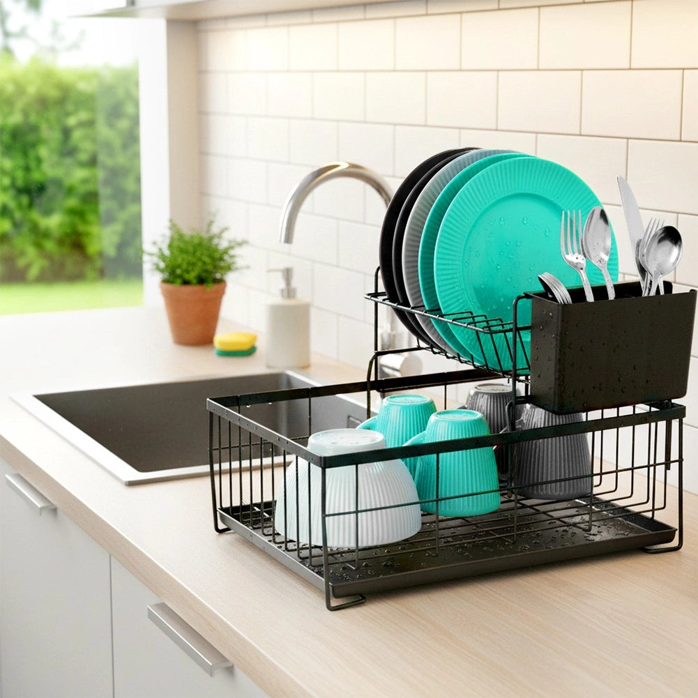 2-Tier Metal Dish Rack with Cutlery Drainer, Black
