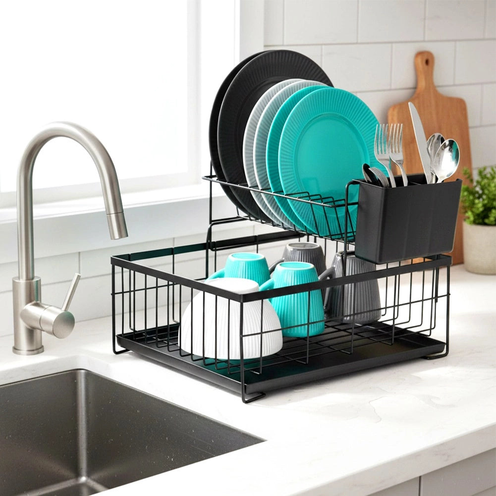 2-Tier Metal Dish Rack with Cutlery Drainer, Black