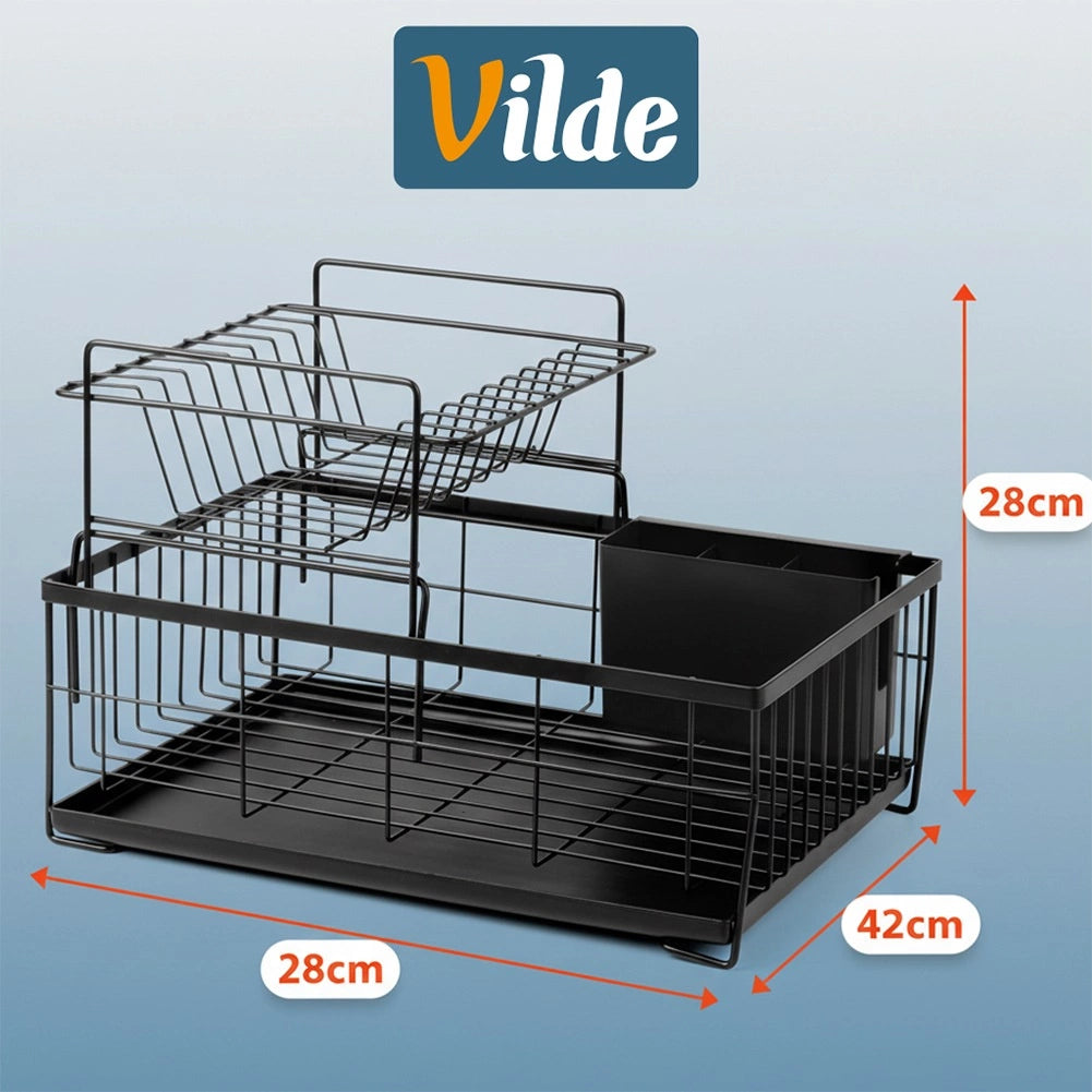 2-Tier Metal Dish Rack with Cutlery Drainer, Black